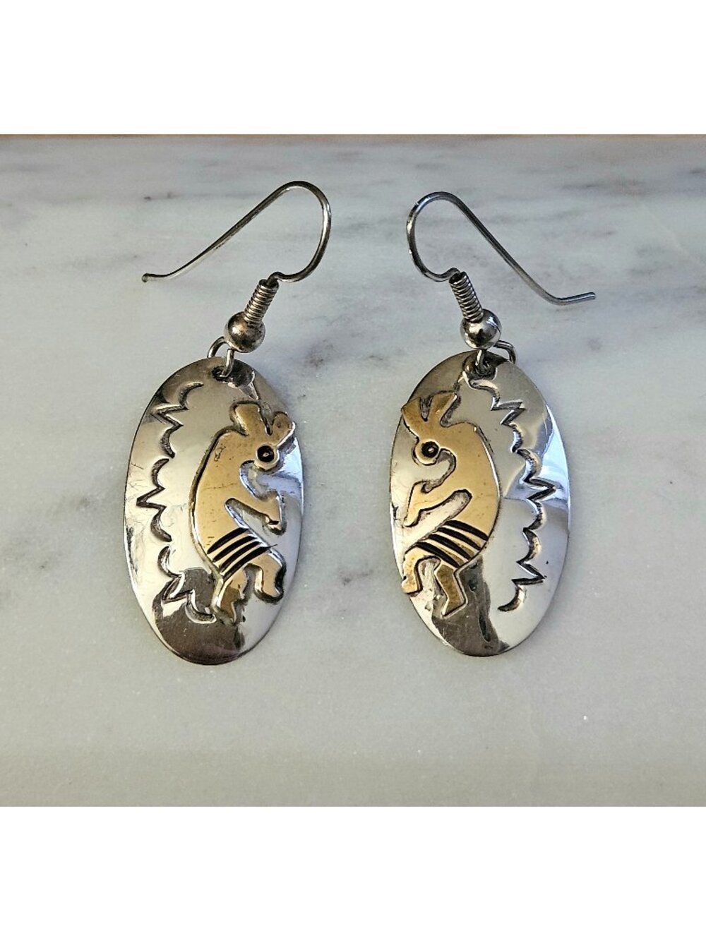 Southwestern Sterling Silver 12K Gold Overlay Kokopelli Dangle Earrings